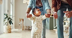 Milestone Prints: First steps, milestone or walking with parents and toddler in home for development or growth