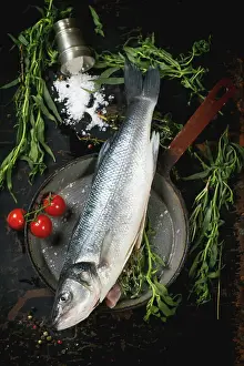 Vegetables Prints: Fisch mit Kräutern Raw fish seabass served with herbs