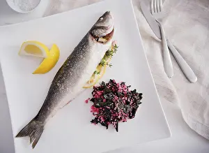Seafood Prints: fish dinner with lemon, cooked chard and quinoa
