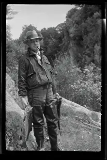 1938 Prints: ﻿Fisherman, Taupo trip, 1938, Bay of Plenty, by J.W. Chapman-Taylor