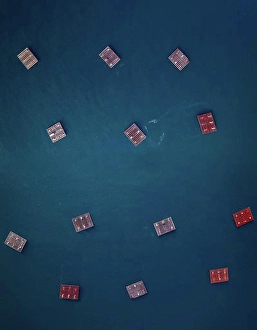 Aqua Prints: Fishing farm drone above top view on the atlantic ocean in Galicia, Sp