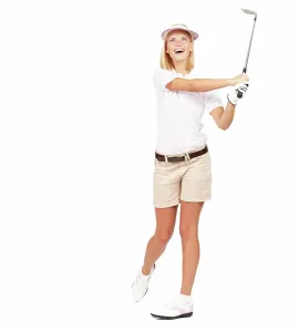 Golf Prints: Fitness, exercise and golf by woman in studio happy