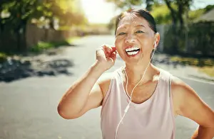 Runner Prints: Fitness, music earphones and portrait of Asian woman outdoor for sports training