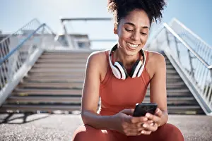 Networking Prints: Fitness, phone and black woman in city on break on social media