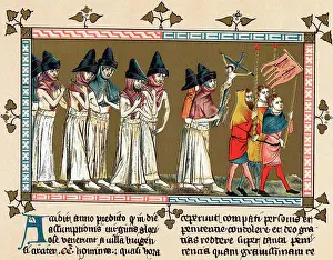 Epidemic Prints: Flagellants or Brothers of the Cross in Netherlands town of Doornik 1349 scourging themselves as they walk through