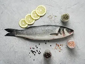 Tableware Prints: flat lay fish lemon spices. High resolution photo