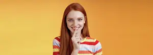 Verrotten Prints: Flirty devious creative young redhead smiling excited ginger girl prepare mysterious gift surprise party giggling
