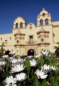 Diego Prints: Flowers in front of a building, Balboa Park, San Diego, California, USA