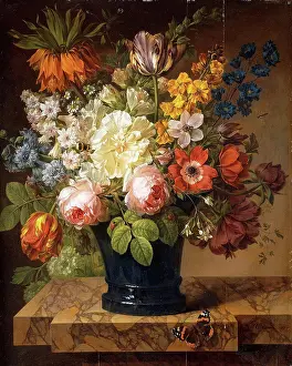 Colourful Prints: Flowers in a Vase on a Marble Ledge with a Red Admiral