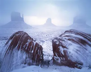 Arizona Prints: Fog Snow at the Mittens Monument Valley Tribal Park Arizona