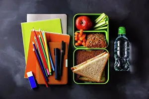 Notebook Prints: Take out food Lunch box with Sandwiches and vegetables