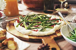 Supper Prints: Food, thanksgiving dinner and dish in home on table with asparagus for health