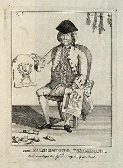 Furniture Prints: A foppish fumigator holding illustrations of furniture. Etching, 1772