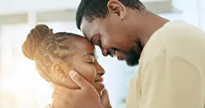 Lounge Prints: Forehead, care or black couple hug in home living room together to bond for peace
