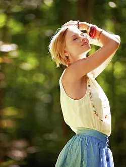 Fresh Air Prints: Forest, thinking and woman with sunshine