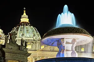 Capital Cities Prints: Fountain with cathedral at St Peter Square, Rome, Italy