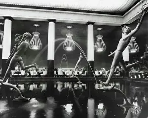 1955 Prints: Fountain Of The Muses -- Enthusastic figures skimming along on Dolphins grace a large indoor 'Fountain of
