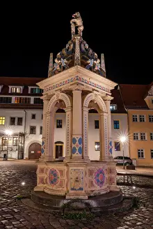 Market Prints: Fountain at the Neumarkt in Oschatz at night fountain at the Neumarkt in Oschatz at night