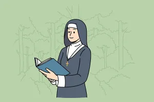 Priest Prints: Frau Nonne mit heiligem Buch steht im Park