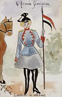 1900 Prints: French art nouveau postcard satirising women in military uniform 1900: Belgian lancer