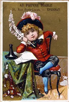 Letter Prints: French chromolithograph illustration depicting a boy trying to write a letter. 1890