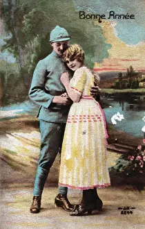 1900 Prints: French Happy New Year, postcard depicting a soldier and a young woman