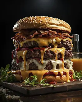 Cheese Prints: Fresh cooked delicious giant triple cheeseburger with all the fixings. generative AI
