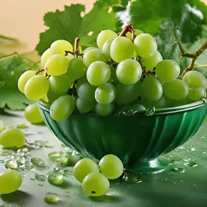 Produce Prints: Fresh green grapes in a decorative bowl with vine leaves on a vibrant green surface