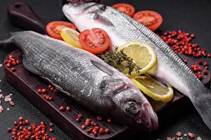 Seafood Prints: Fresh raw ocean sea bass fish with salt