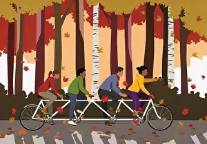 Husband Prints: Friends riding tandem bicycle in autumn park