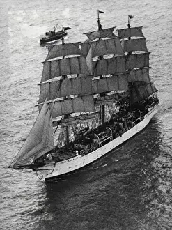 Nautical Prints: A Full-Rigged Ship Sails Down The Channel -- Cadets setting the sails of the Danmark as she passed down the English