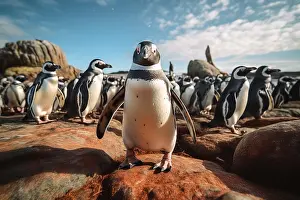 Expressive Prints: Funny penguins looking at camera at rocky beach. Generative AI