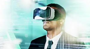 System Prints: Futuristic businessman, vr and data hologram