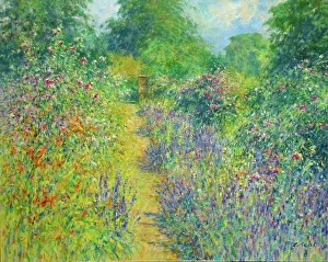 Gloucestershire Prints: Garden view of the lavender border, bounded by collection of roses