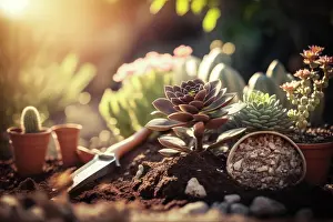 Sowing Prints: Gardening tools and earthenware pots on an earthen background