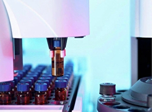 Industrious Prints: Gas chromatography separating vials of complex compound mixtures into individual components