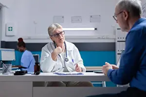Examination Prints: General practitioner having discussion with man at checkup visit in medical office
