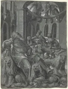 Daniel Prints: German 16th Century, Daniel in the Lions Den (recto), c 1600 Daniel in the Lions Den recto
