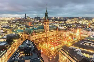 Lighted Prints: Germany, Hamburg, Christmas market at town hall in the evening