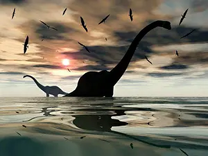 Extinct Prints: Giant sauropod Diplodocus dinosaurs relax at the end of a long hot day by bathing in the nearest body of water