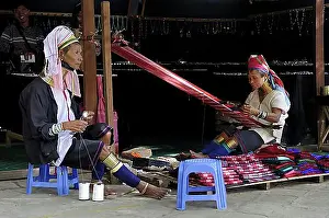 Handicraft Prints: Giraffe Women, Padaung, women with heavy brass coils as necklaces and leg jewellery weaving for tourists