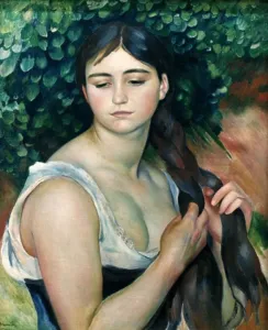 Impressionism Prints: Girl Braiding Her Hair (Suzanne Valadon) 1884 Pierre Auguste Renoir (1841-1919 French) Oil on canvas