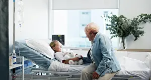 Grandma Prints: Girl, child and hospital bed with grandma for healthcare