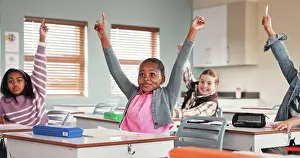 Students Prints: Girl, children and raised hand in classroom