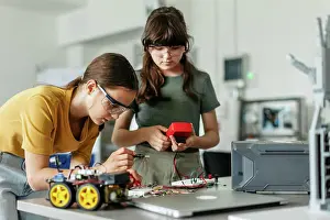 Students Prints: Two girl classmates working togeter on circuit board
