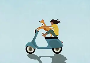 Exhilaration Prints: Girl and dog riding motor scooter