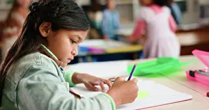 Students Prints: Girl, drawing and book for education in classroom