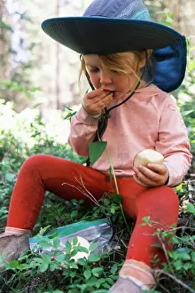 Red Hair Prints: Girl eating an apple in the forest, Colorado