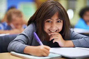 Notes Prints: Girl, education and portrait in classroom for learning