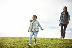 Outing Prints: Girl, field and walk with mother for fun